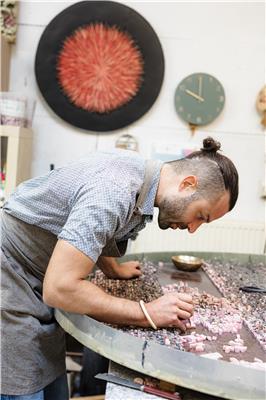 ADO CHALE PIERRE CHALE RHODOCHROSITE MOSAIC TABLE DESIGN  CREDIT GILLES VAN DEN ABEELE