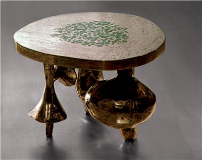 ADO CHALE TABLE ON BIOMORPHIC LEGS IN CAST BRONZE AND MALACHITE CREDIT GILLES VAN DEN ABEELE